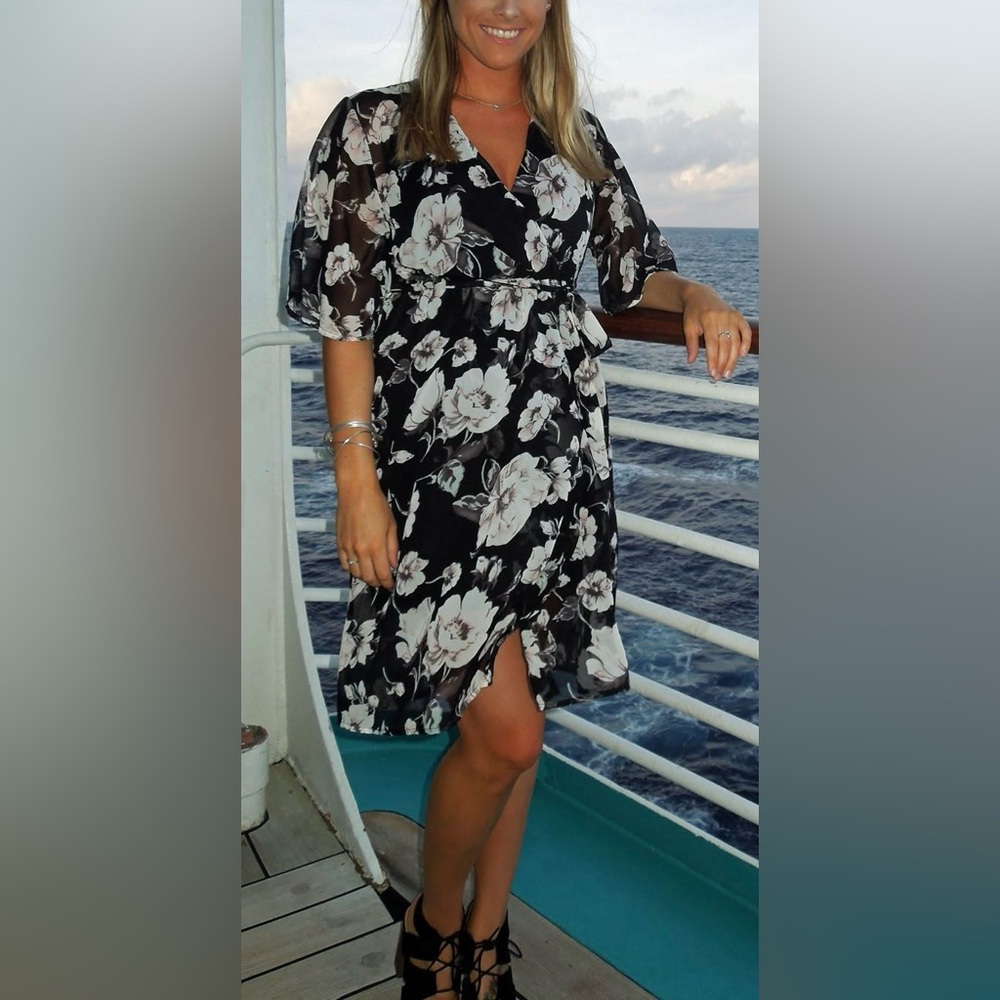 Sienna Sky Black Floral Wrap Midi Dress with White Blooms